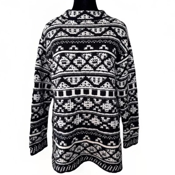 J Jill Sweater Top Sz M Cozy Wool Blend Black White Jacquard Pullover Knit Boho - Picture 2 of 8